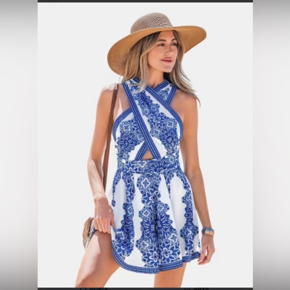 Chic Blue and White Floral Romper